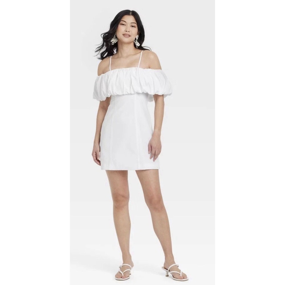 A New Day Women's‎ Size 0 White Ruffle Mini A-Line Dress Coastal Chic Minimalist